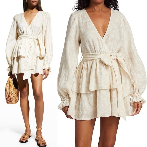 NWT RAMY BROOK Neutral Floral Linen Puff Long Sleeve Tiered Ruffle Mini Dress L - Picture 1 of 11